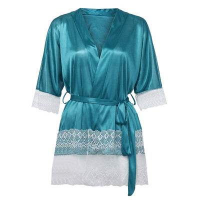 

Toponeto New Women Sexy Stain Lingerie Splice Lace Robe With Belt Bathrobe Sleepwear