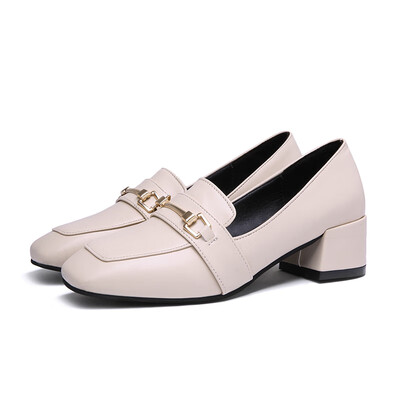 

Small leather shoes female Yinglun 2019 new style early spring hundred square head metal buckle Lafu shoes soft sister thick heel