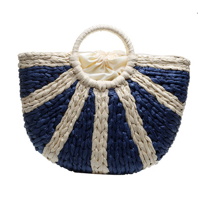 

2019 New Striped Contrast Basket Women Straw Semicircle Handbag Hawaiian Beach Tote Bag Luxury Designer Female Hand Bag bolso