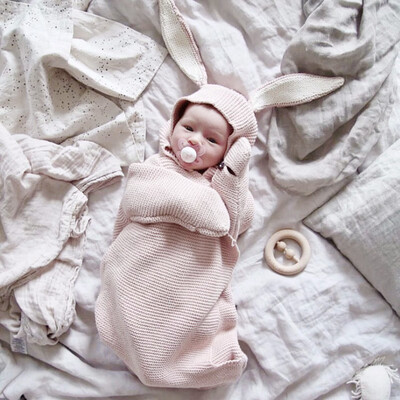 

Newborn Baby Knitting Hooded Swaddle Rompers Bunny Ear Wraparound Sleeping Bag Swaddling Blanket