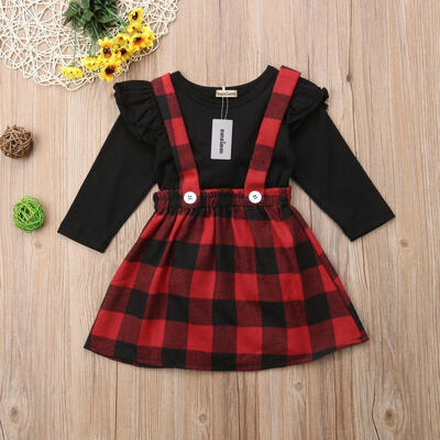 

Fashion Christmas Princess Kids Baby Girls 2PCS Outfits Clothes Tops T shirt Plaid Overalls Skirts Party Dress Set