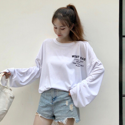 

Women Fashion Design Thin Section Loose Bf Lazy Style Print Long-sleeved T-shirt Large Size Loose Letter T-shirt White