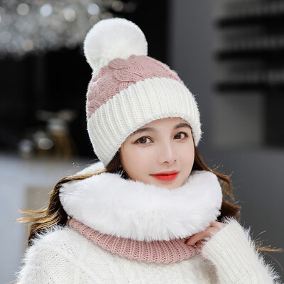

Ms 2019 knitted pullover cap warm smile matching color scarf students Baotou cap scarf two-piece tide