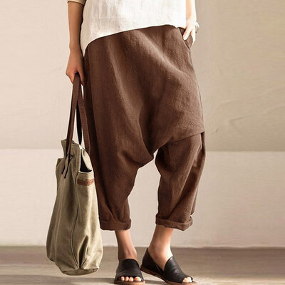 

Tailored Women Casual Loose Solid Pockets Pant Linen Haren Elastic Waist Pants