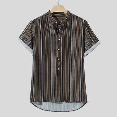 

Toponeto Mens Summer Striped Buttons Fly Breathable Short Sleeve Casual Henley Shirts
