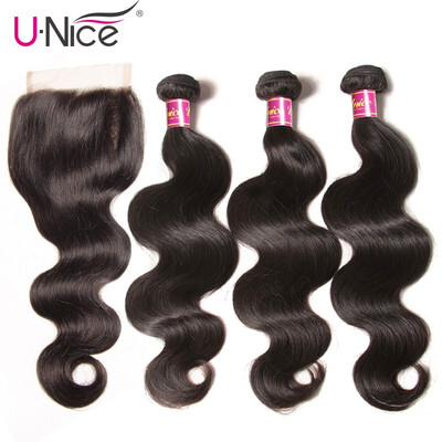 

UNice Hair Extensions 8A indian Human Hair 3 Bundles with Closure Body Wave