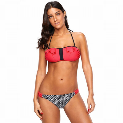 

Tube top sling hanging neck with chest pad pleated plaid split swimsuit