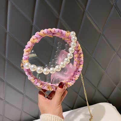 

2019 new woven round pearl handbag female chic wild chain cosmetic bag personalized transparent Messenger bag