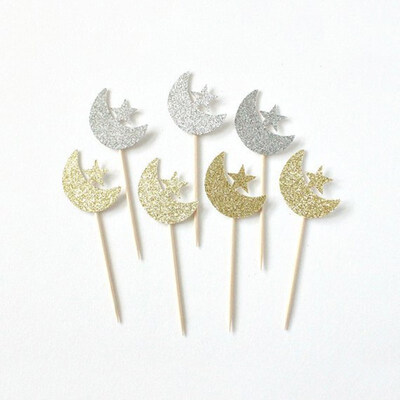 

FUNNYBUNNY Happy Eid Mubarak Glitter Baking Cupcake Piece Insert Baking Decoration Flag Cupcake Toppers Wrapper