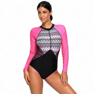 

European round collar zipper long sleeve one-piece swimsuit