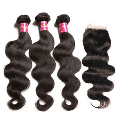 

UNice 8A Indian Virgin Human Hair 3 Bundles with Closure Body Wave Free Part