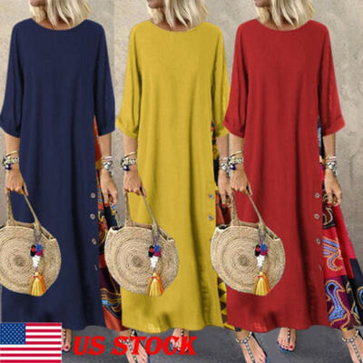 

US Women Cotton Linen Maxi Dress 34 Sleeve Casual Boho Kaftan Tunic Plus Size