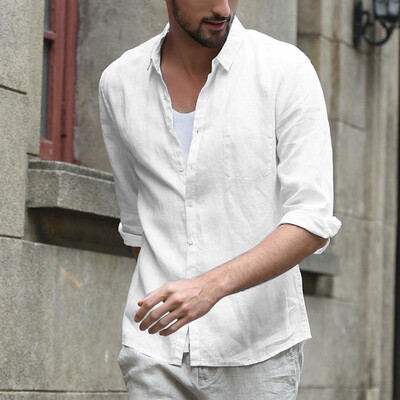 

Toponeto Mens Baggy Linen Blend Solid Color Three Quarter Sleeve Turn-down Collar Shirts