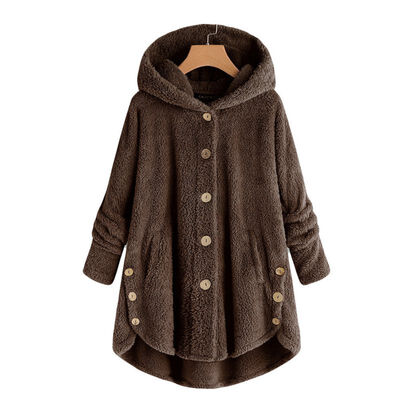 

Womens Wool Blend Fashion Button Coat Fluffy Turn-down Collar Outwear Jacket Casual Tops Hooded Pullover Loose Sweater