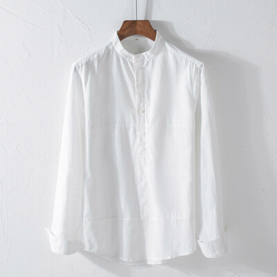 

Toponeto Mens Causal Shirt Long Sleeve Top Button Cotton Linen Solid Color Loose Blouse