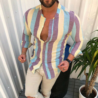 

Mens Long Sleeve Shirt Summer Cool Slim Casual V-Neck Shirts Tops -3XL
