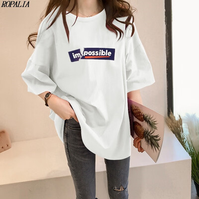 

Womens Round Neck Letter Print Short Sleeve Loose Long T-Shirt Simple Casual Summer Cool Tops