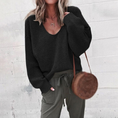 

Womens Solid Long Sleeves Knitwear Pullover Tops Casual V Neck Loose Sweater