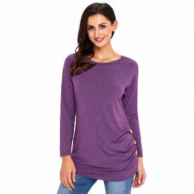 

Double shoulder round long sleeve side button solid color casual straight top