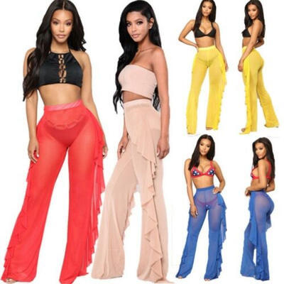 

Women Sheer Flared Ruffle Mesh Swimwear Cover Up Long Pants See-Through Trouser