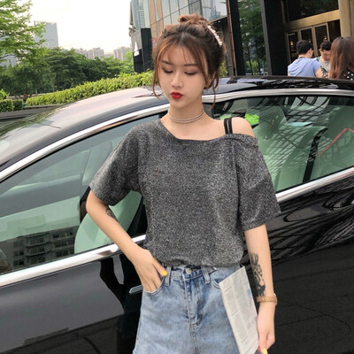 

Womens Round Neck Solid Off Shoulder Sexy Straps Casual Short Sleeve Pullover T-Shirt