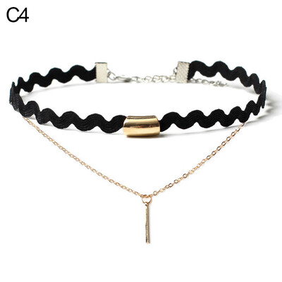 

Women\s Triangle Pendant Flower Lace Layered Wavy Velvet Vintage Choker Necklace