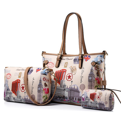 

REALER brand women handbag 3 sets vintage printed tote bag large shoulder bags ladies purses ladies messenger bags