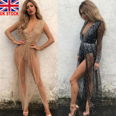 

UK Women Sequin Mesh Long Sleeve Evening Party Cocktail Club Maxi Dress Sundress