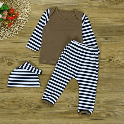 

Newborn Baby Stripe Print Girl Boy Tops Long Pants Cap Outfits Set Clothes