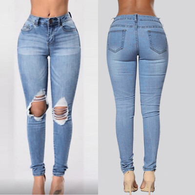 

Gobestart Fashion Womens Button Ripped Zipper Pocket Trousers Jeans Casual Denim Pants