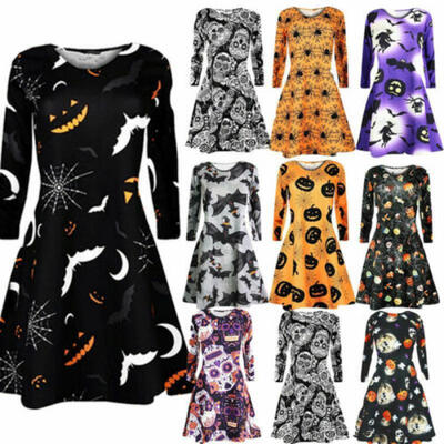 

Halloween Womens Long Sleeve O Neck Printing Dresses Vintage Gown Party Dress
