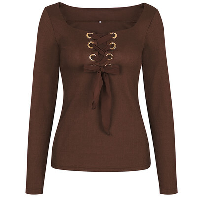 

Sexy U Neck Strap Female T shirt Bow Bandage Autumn Summer T Shirt Long Sleeve Tops Casual Top Slash Neck Buckles 4 Colors Tee