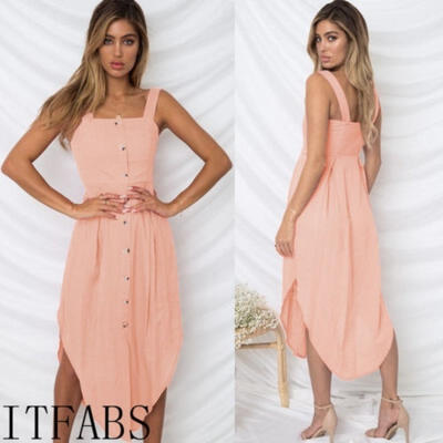 

Women Summer Casual Long Maxi Button Dress Split Evening Party Beach Sundress