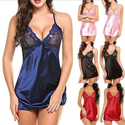

Women Sexy Satin Silk Sleepwear Pajamas Nightdress Lingerie Night Dress