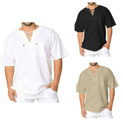 

Men Summer T-Shirt Cotton Linen Hippie Shirt V-Neck Loose Yoga Casual Top Plus