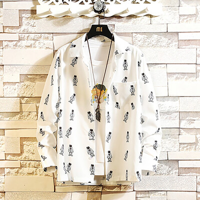 

Tailored Mens Autumn New Casual Fashion Print loose Lapel Long Sleeve Shirt Tops