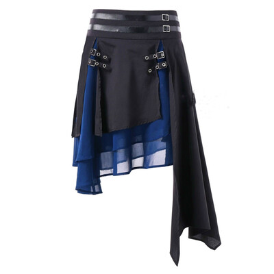 

Women Retro Gothic Irregular Layered Hem Slit Buckle Skirt High Waist Mini Skirt