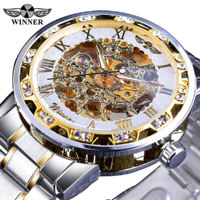 

WINNER Men Automatic Watch Fashion Diamond Display Luminous Hands Gear Movement Retro Mechanical Skeleton Watches Luxury Casual Bu