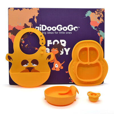 

aiDooGoGo childrens cutlery set baby gift box food supplement silicone rice bowl sucker bowl elbow training spoon plate pacifier five-piece orange