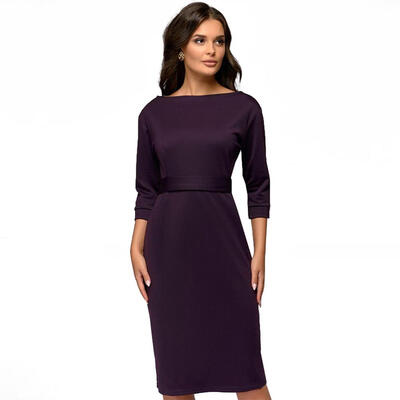 

Solid Color A-line Dress Women Round Neck Belted Half Sleeve Slim Dresses