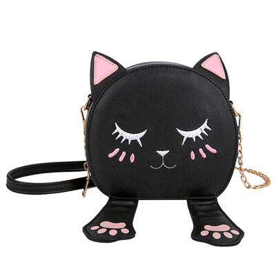 

Leather Cute Cat Round Small Bags Women Shoulder Crossbody Embroidery Bag