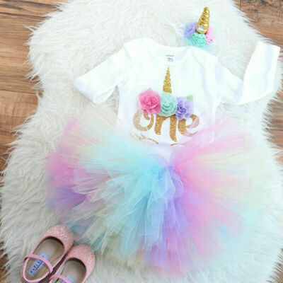 

3PCS Baby Girl 1st Birthday Outfit Party Unicorn Romper Cake Smash Tutu Dress