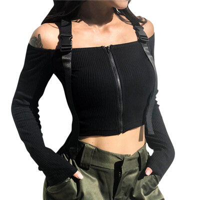 

NEW Women Off Shoulder Sexy Word Collar Solid Color Zipper Strap Knit Long-Sleeved Summer Casual T-Shirt