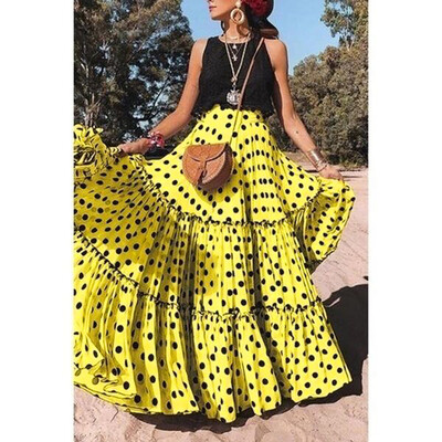 

Roseonmyhand Women Fashion High Waist Polka Dot Printed Skirt Loose Ruffled Pleated Skirt