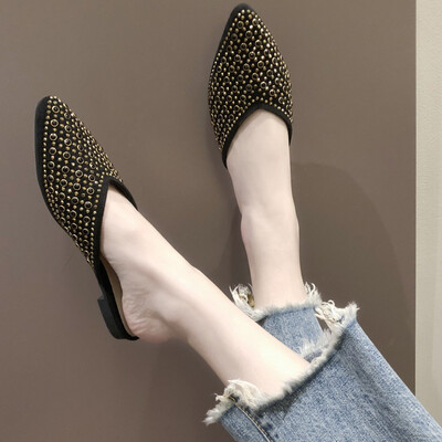 

Rose Casual Shoes Flat Rivet Half Slippers Pointed Summer Low Heel Womens Shoes