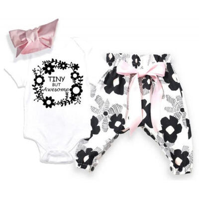 

3Pcs Newborn Baby Girls Flower Tops Romper Pants Headband Outfits Set Clothes