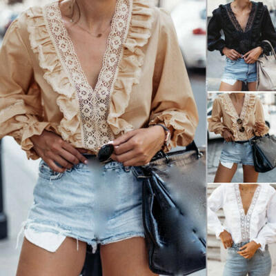 

Fashion Womens Lace Ruffle V-Neck Long Lantern Sleeve Loose Blouse T Shirt Tops