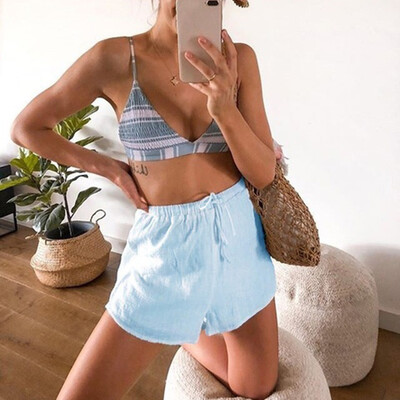 

Tailored Women Short Pants Casual Linen Cotton Elastic Drawstring Shorts Pants Trousers