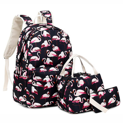 

3PcsSet Flamingo backpack Lunch Bag Coin Purse Women Nylon Waterproof large-capacity School Bag Tote Makeup Bag Coin Purse Drop