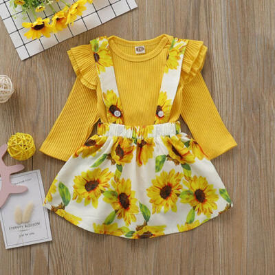 

2PCS Toddler Kids Baby Girls Autumn Knitted T-shirt Tops Sunflower Skirt Outfits